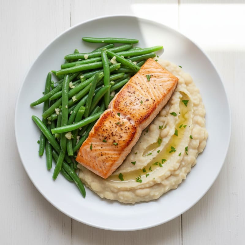 Seared Salmon with Lemon Garlic Green Beans and White Bean Mash