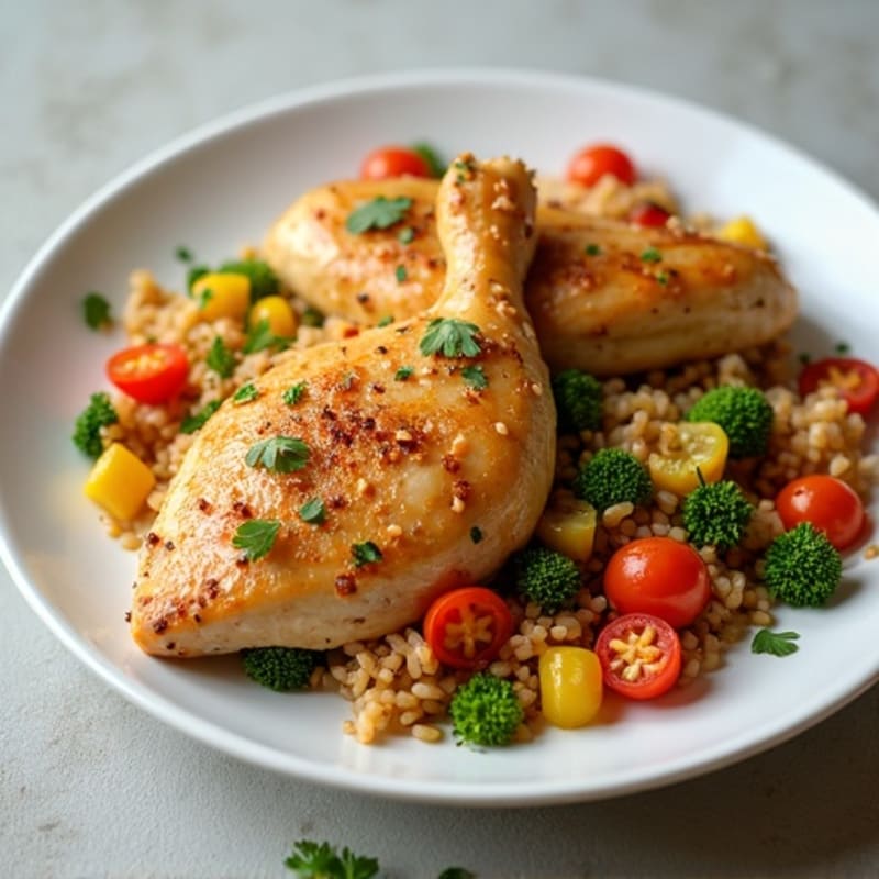 Citrus-Garlic Roasted Chicken with Seasoned Brown Rice and Crispy Vegetables