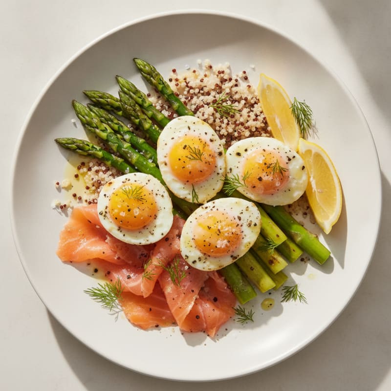 Pan-Seared Quail Eggs with Asparagus