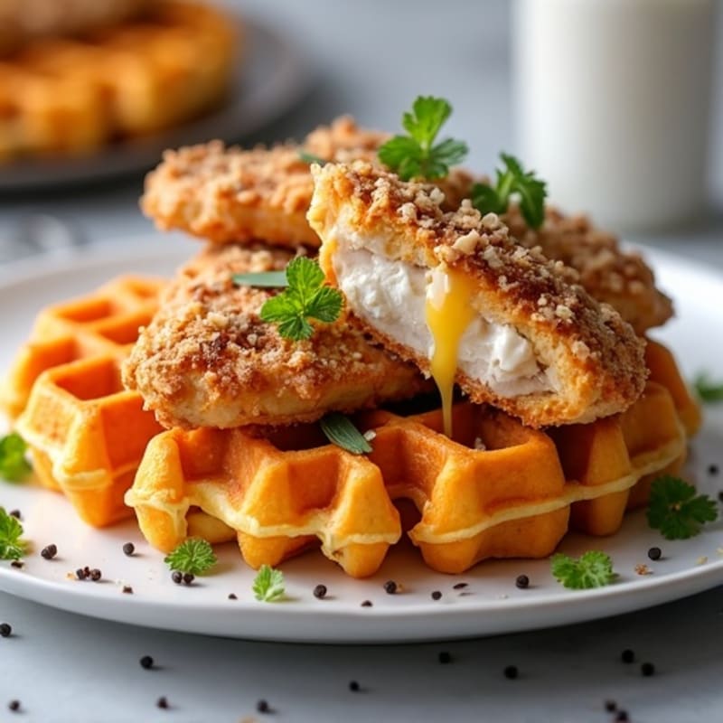 Crispy Almond-Crusted Chicken with Golden Sweet Potato Waffles