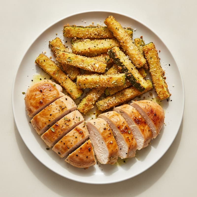 Parmesan Baked Zucchini Fries with Herb-Roasted Chicken