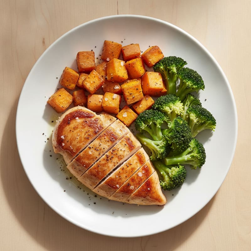 Seared Chicken Breast with Roasted Sweet Potato and Steamed Broccoli