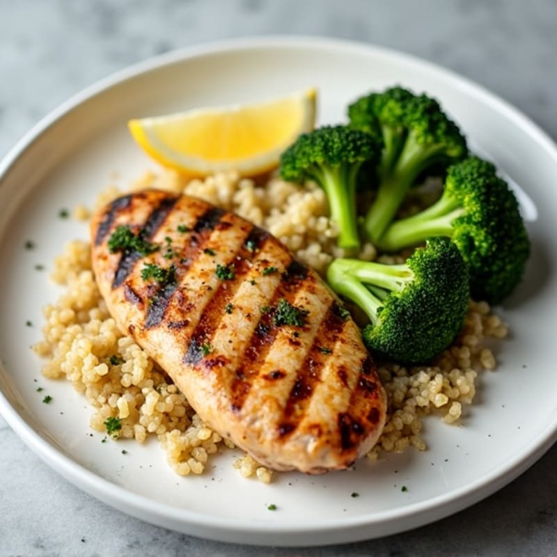 Grilled Lemon-Garlic Chicken Breast with Quinoa and Roasted Broccoli