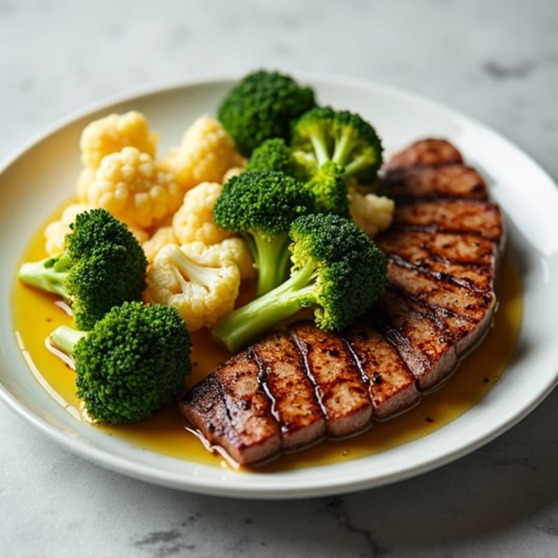 Seared Lean Beef with Roasted Broccoli and Cauliflower