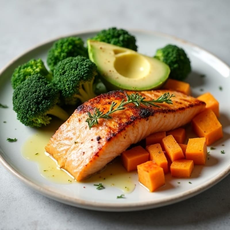 Seared Salmon with Roasted Sweet Potato and Steamed Broccoli