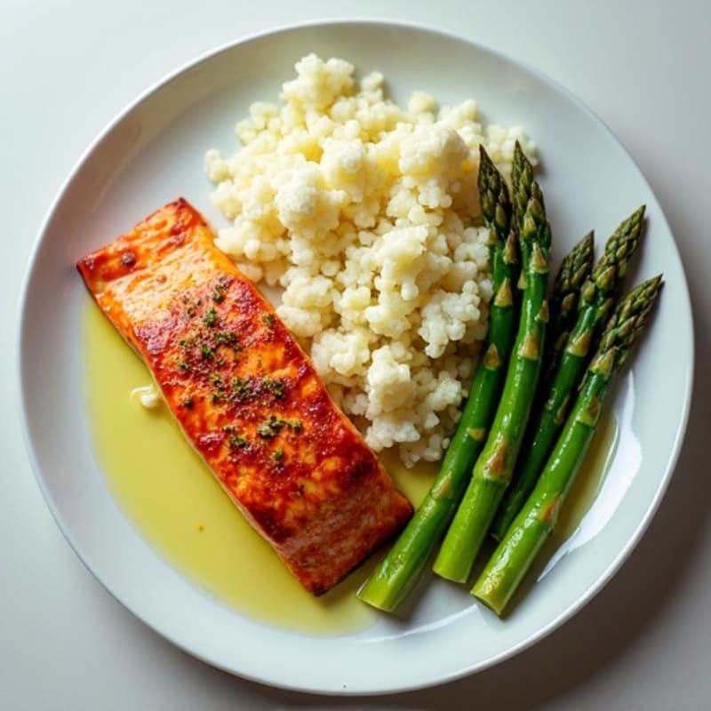 Seared Salmon with Steamed Asparagus and Cauliflower Rice