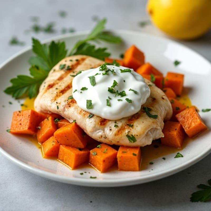 Creamy Lemon Herb Chicken with Roasted Sweet Potatoes