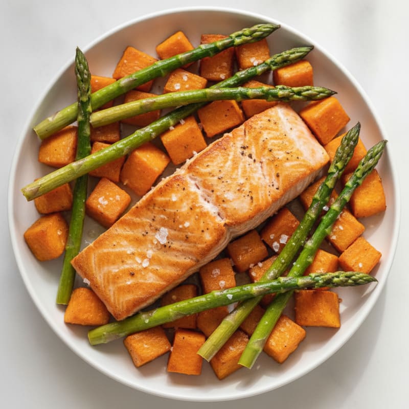 Seared Salmon with Roasted Sweet Potato and Asparagus