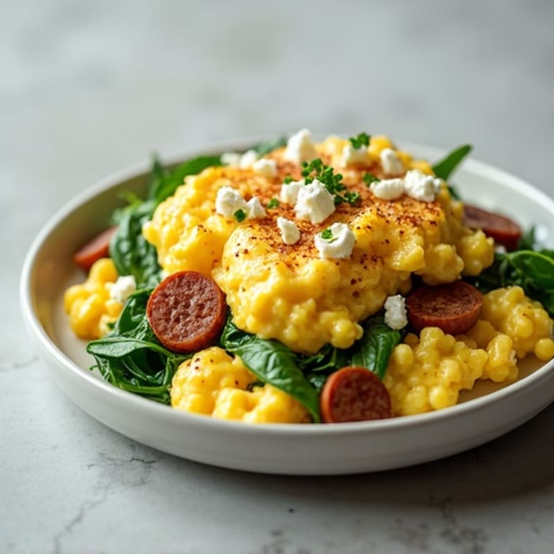 Creamy Scrambled Eggs with Fresh Spinach and Lean Turkey Sausage