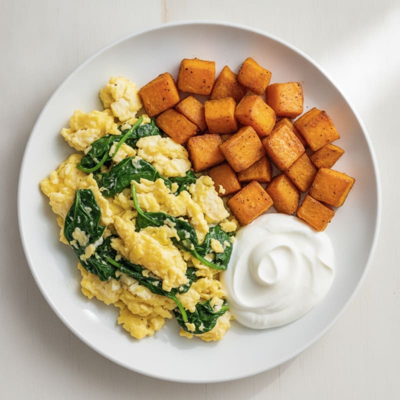 Egg and Spinach Scramble with Roasted Sweet Potatoes and Greek Yogurt