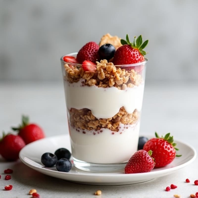 Greek Yogurt Parfait with Crunchy Almond Granola and Fresh Berries