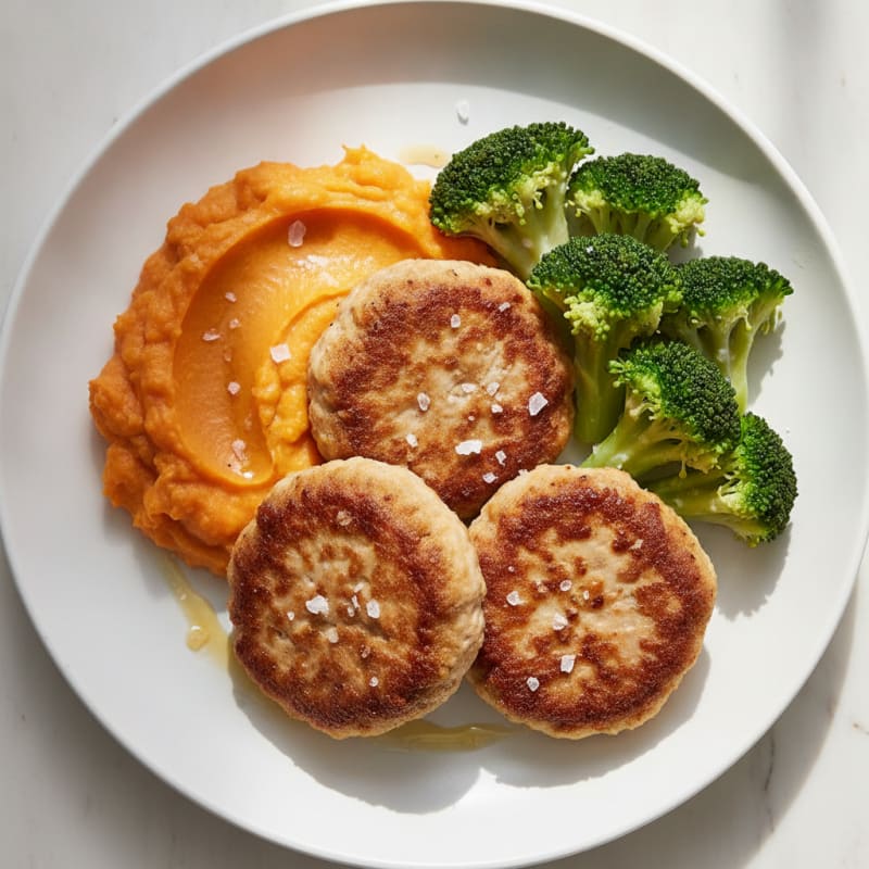 Seared Turkey Patties with Steamed Broccoli and Sweet Potato Mash