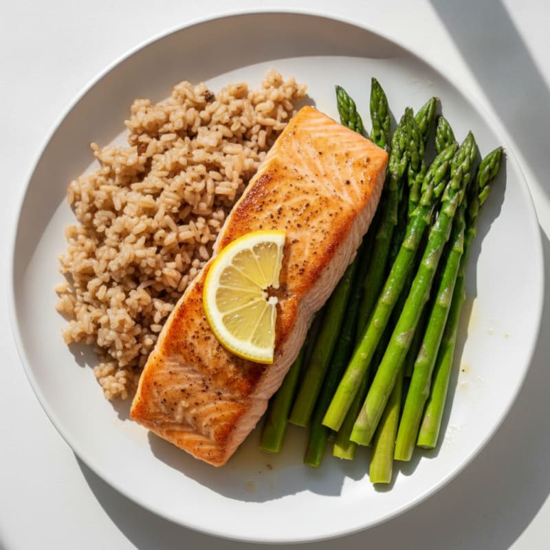 Seared Salmon with Steamed Asparagus and Brown Rice