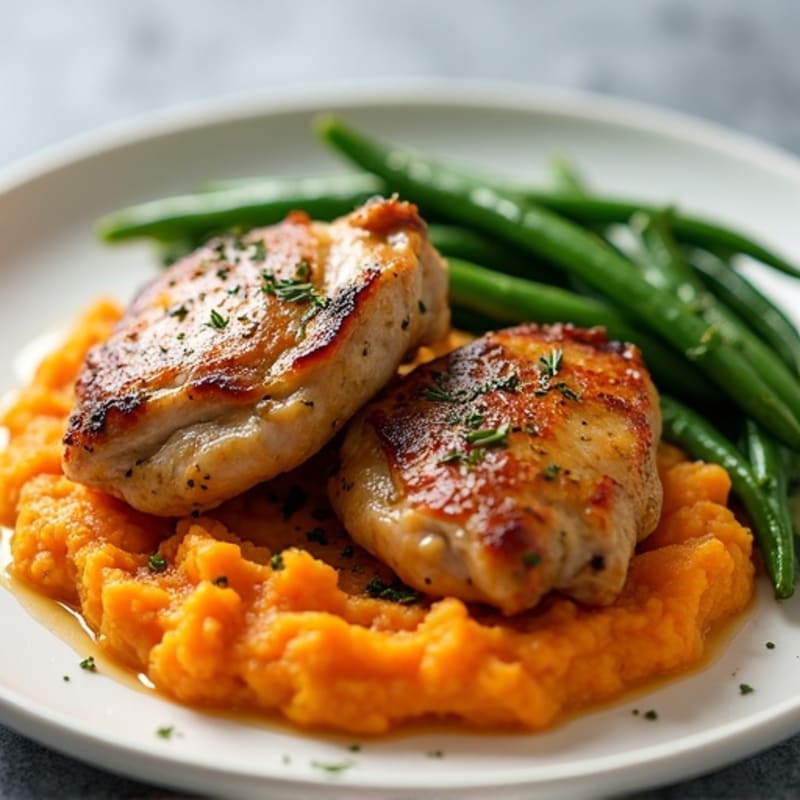 Herb-Roasted Chicken Thighs with Garlic Green Beans and Sweet Potato Mash
