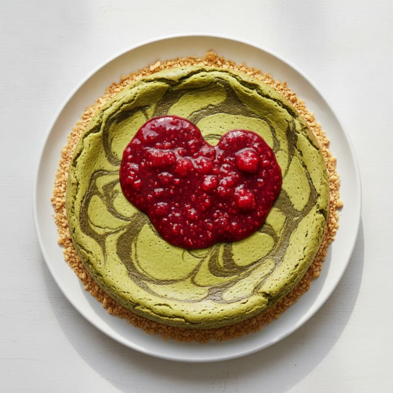 Matcha Swirl Cheesecake with Berry Coulis