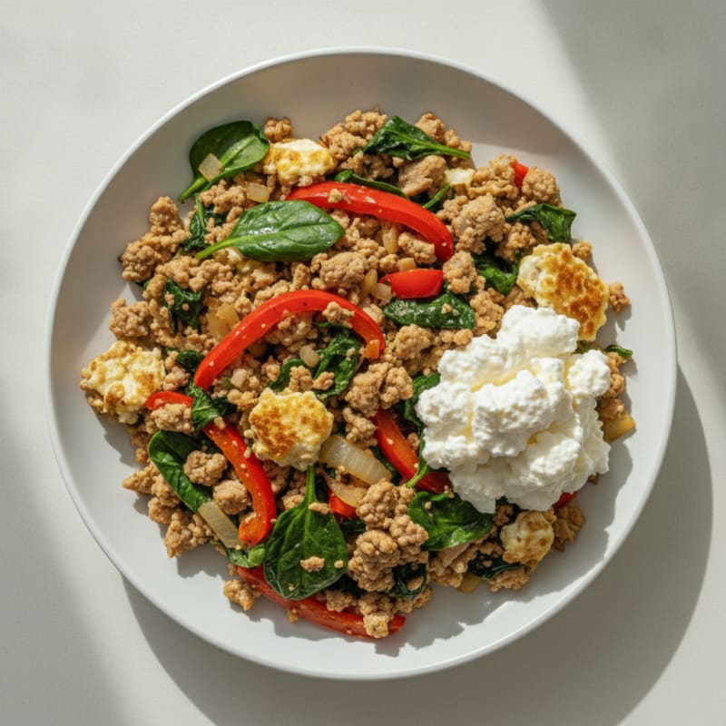 Egg White and Turkey Veggie Scramble with Cottage Cheese