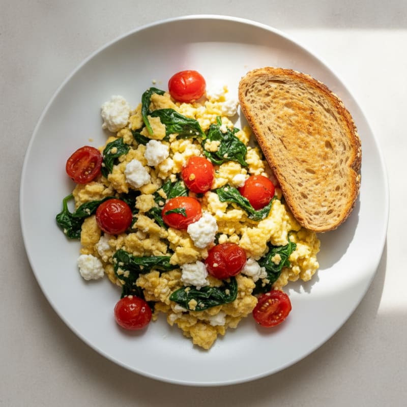 Cottage Cheese Egg Scramble with Spinach and Cherry Tomatoes