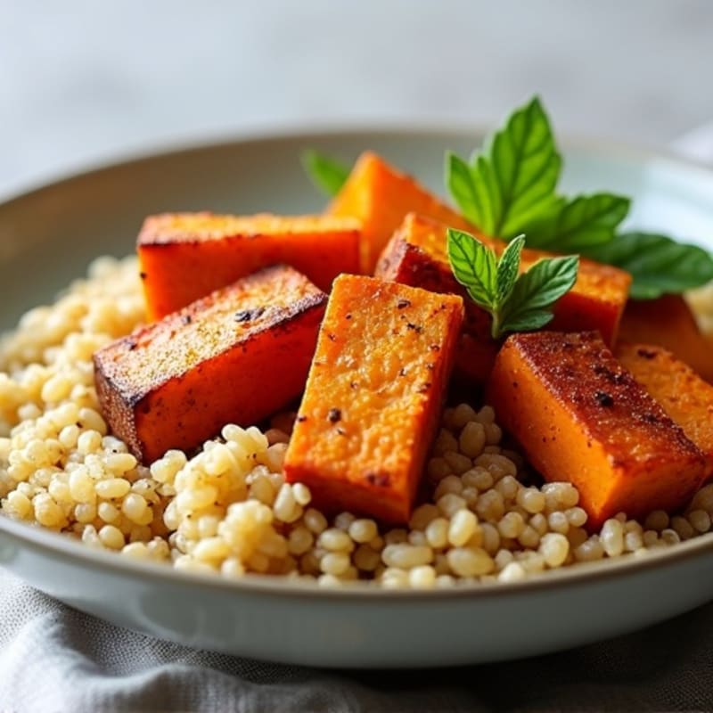 Crispy Baked Tofu with Roasted Sweet Potato and Quinoa Bowl