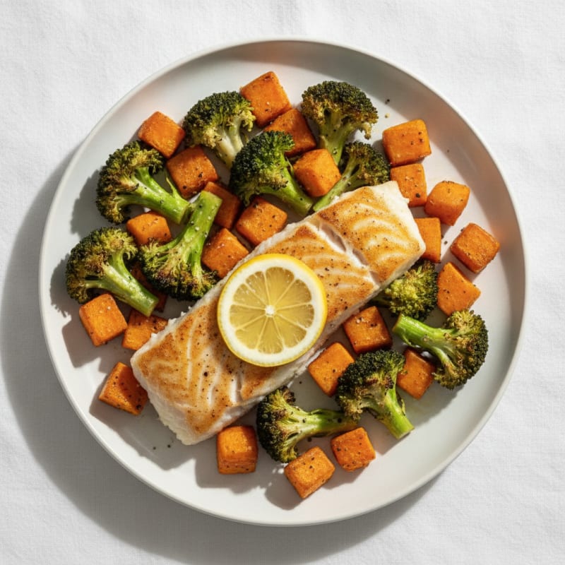 Seared White Fish with Roasted Broccoli and Sweet Potato