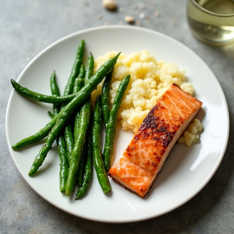 Seared Salmon with Garlic Green Beans and Cauliflower Mash