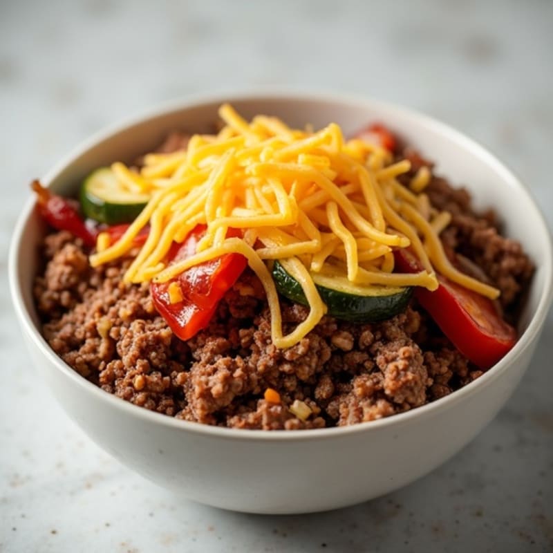Lean Ground Beef Burger Bowl with Crispy Turkey Bacon and Cheesy Roasted Veggies