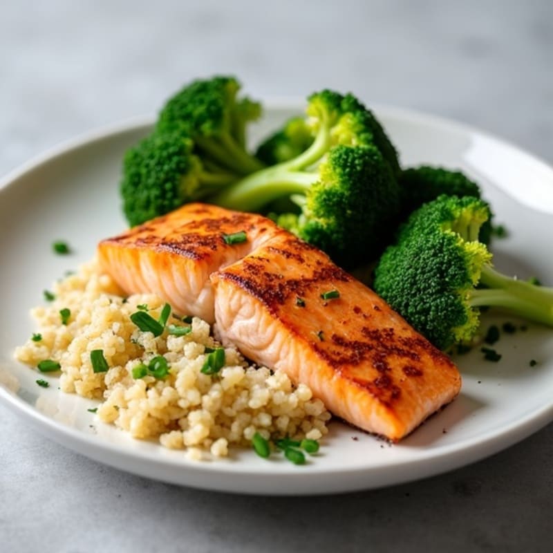 Seared Salmon with Steamed Broccoli and Quinoa