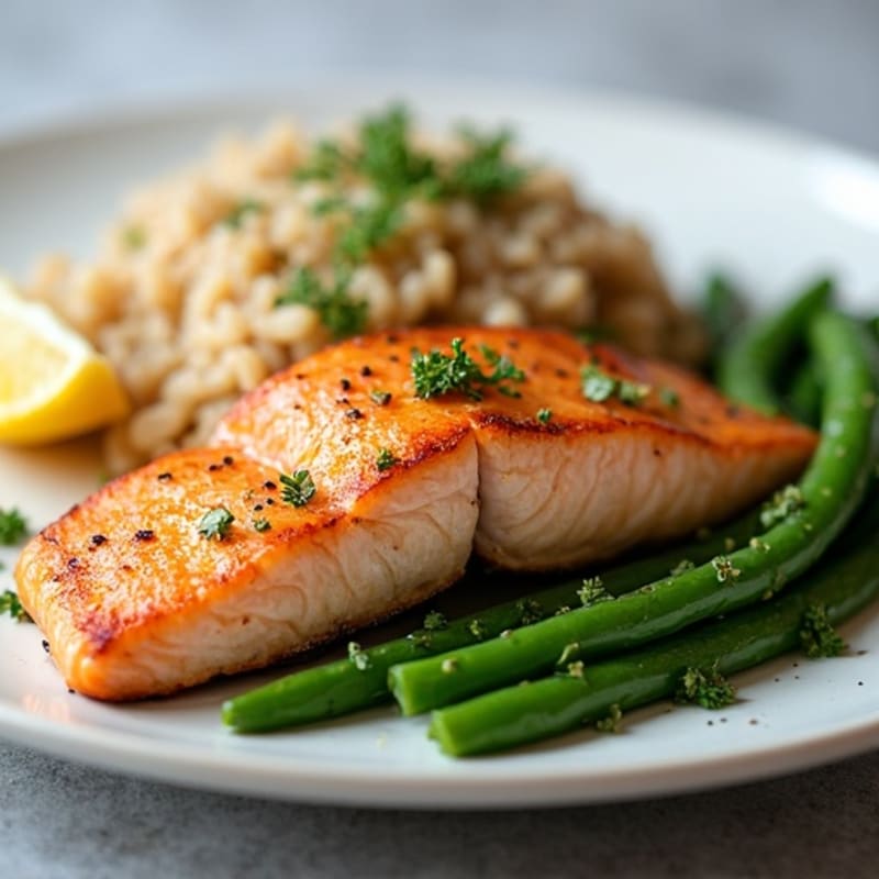 Seared Salmon with Garlic Green Beans and Brown Rice