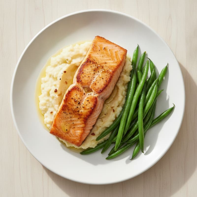Seared Salmon with Steamed Green Beans and Garlic Mashed Cauliflower