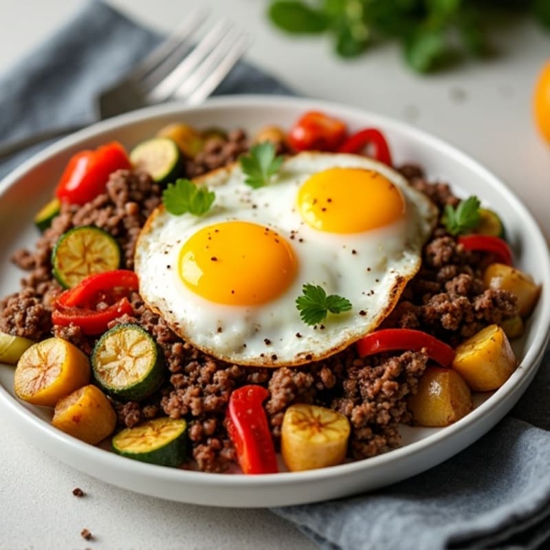 Lean Ground Beef and Crispy Roasted Vegetable Skillet