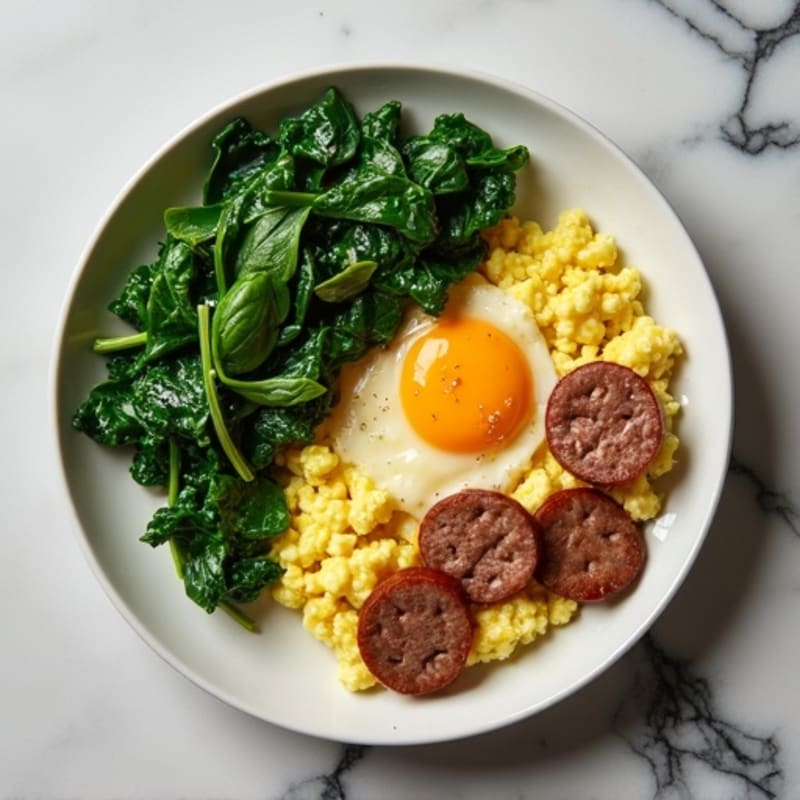Egg White and Turkey Sausage Scramble with Sautéed Spinach