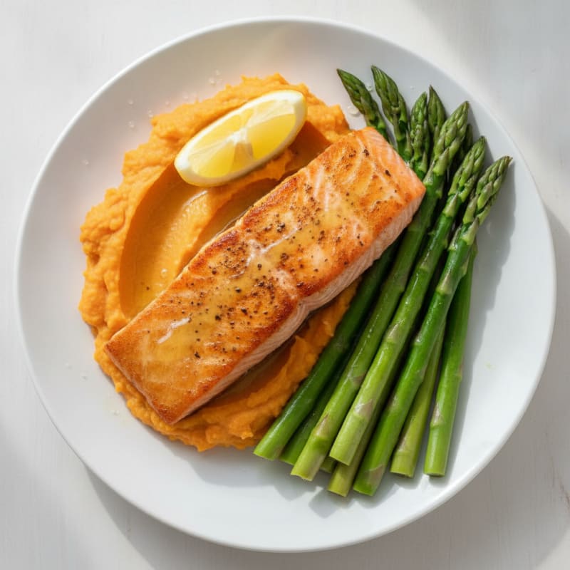 Seared Salmon with Steamed Asparagus and Sweet Potato Mash