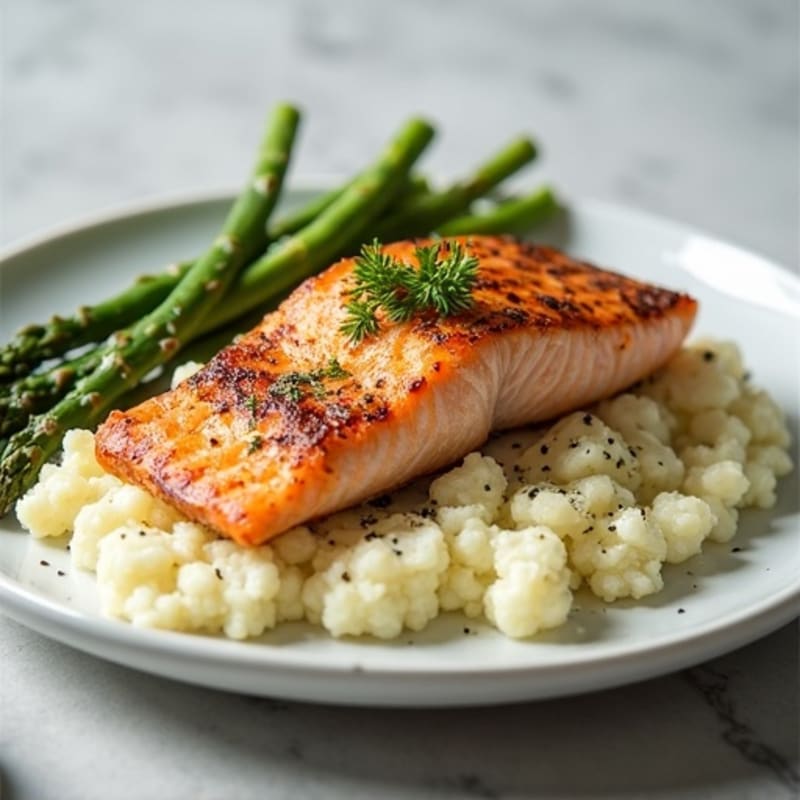 Seared Salmon with Steamed Asparagus and Cauliflower Mash