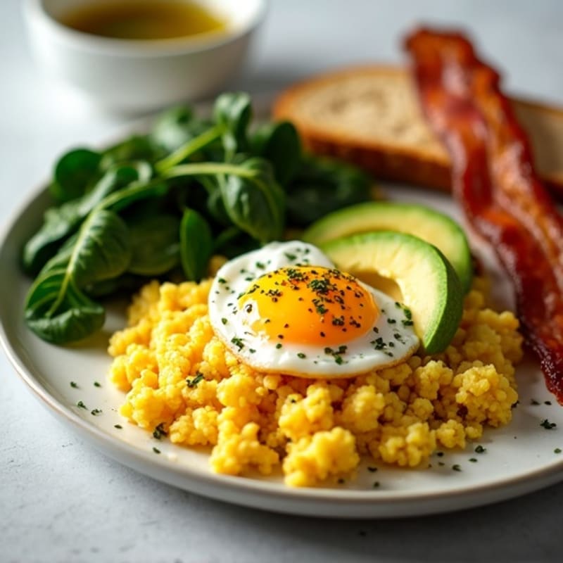 Crispy Turkey Bacon and Egg White Scramble with Sautéed Spinach