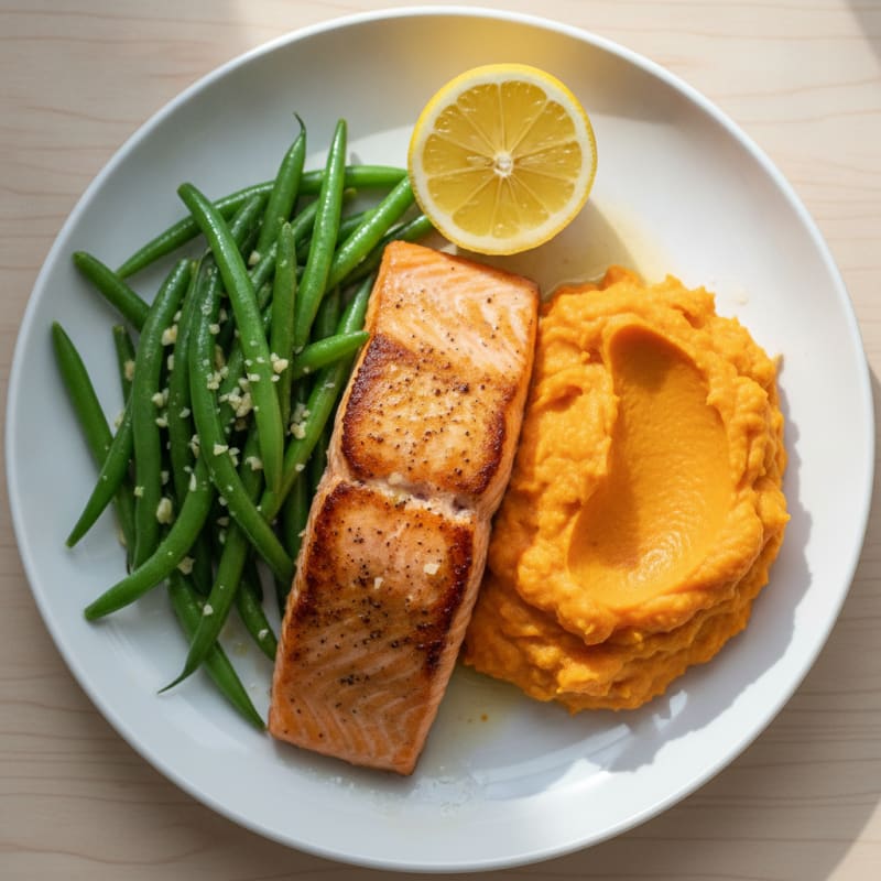 Seared Salmon with Garlic Green Beans and Sweet Potato Mash