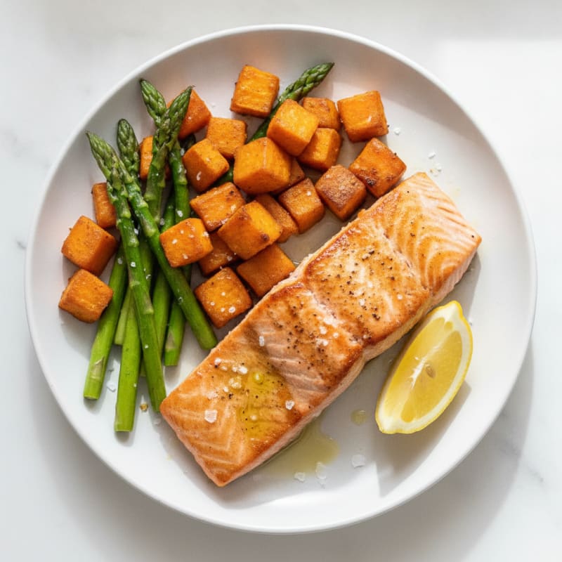 Seared Salmon with Roasted Sweet Potatoes and Asparagus