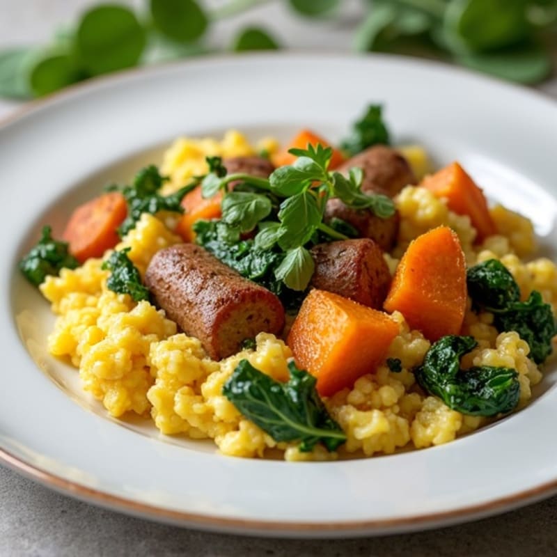 Egg White and Turkey Sausage Scramble with Spinach and Roasted Sweet Potato