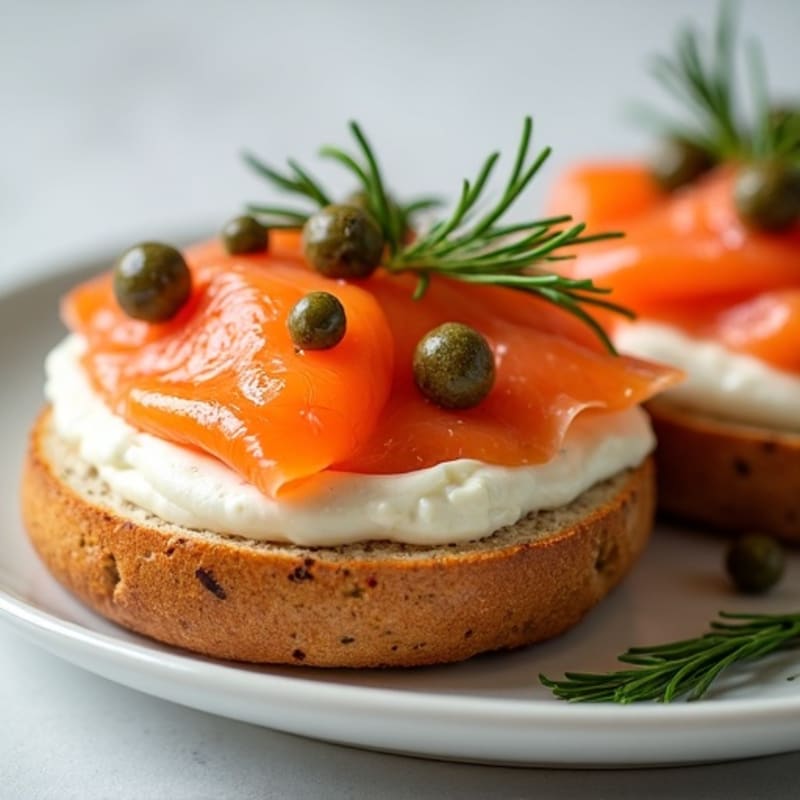 Open-Face Smoked Salmon with Herbed Cream Cheese on Toasted Everything Bagel
