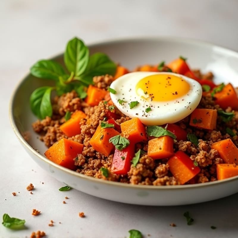 Samosa-Spiced Lean Ground Turkey and Sweet Potato Hash