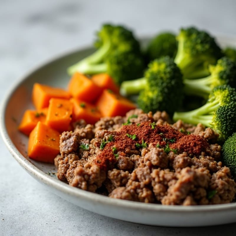 Spiced Lean Ground Beef with Roasted Broccoli and Sweet Potatoes