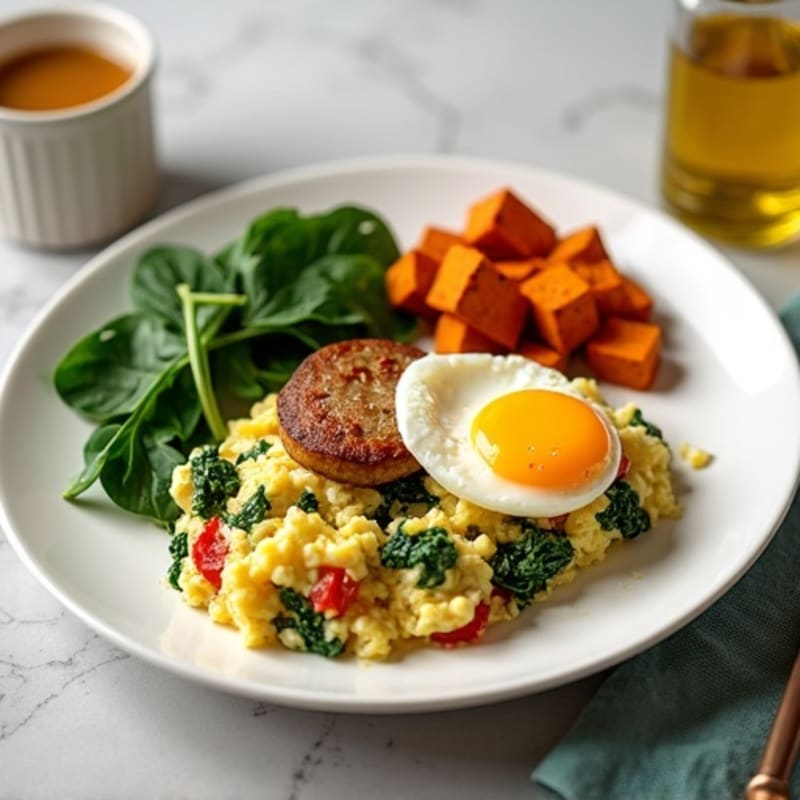 Cottage Cheese Scramble with Spinach and Sautéed Turkey Sausage