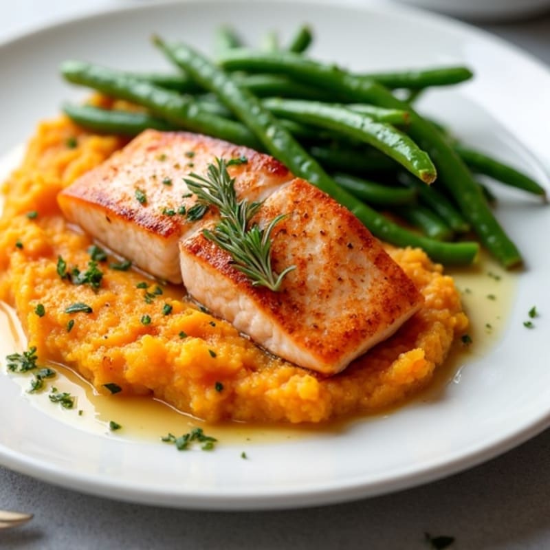 Seared Salmon Fillet with Garlic Green Beans and Sweet Potato Mash