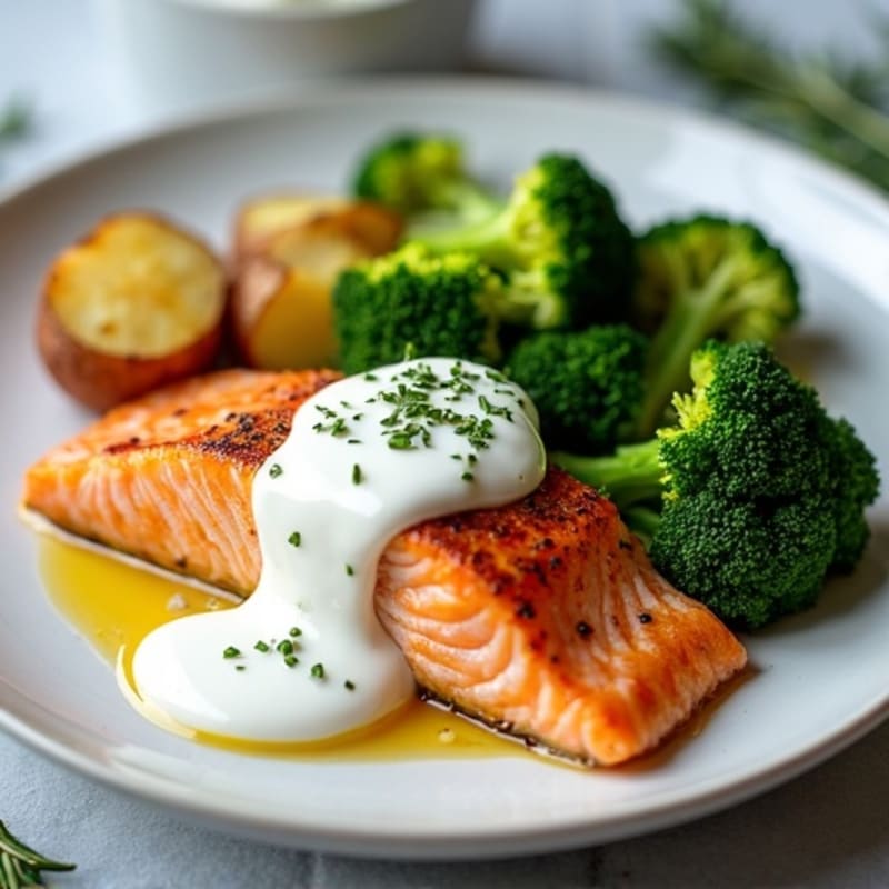 Seared Salmon with Roasted Potatoes and Steamed Broccoli
