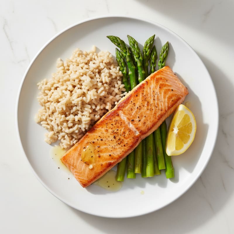 Seared Salmon with Steamed Asparagus and Brown Rice