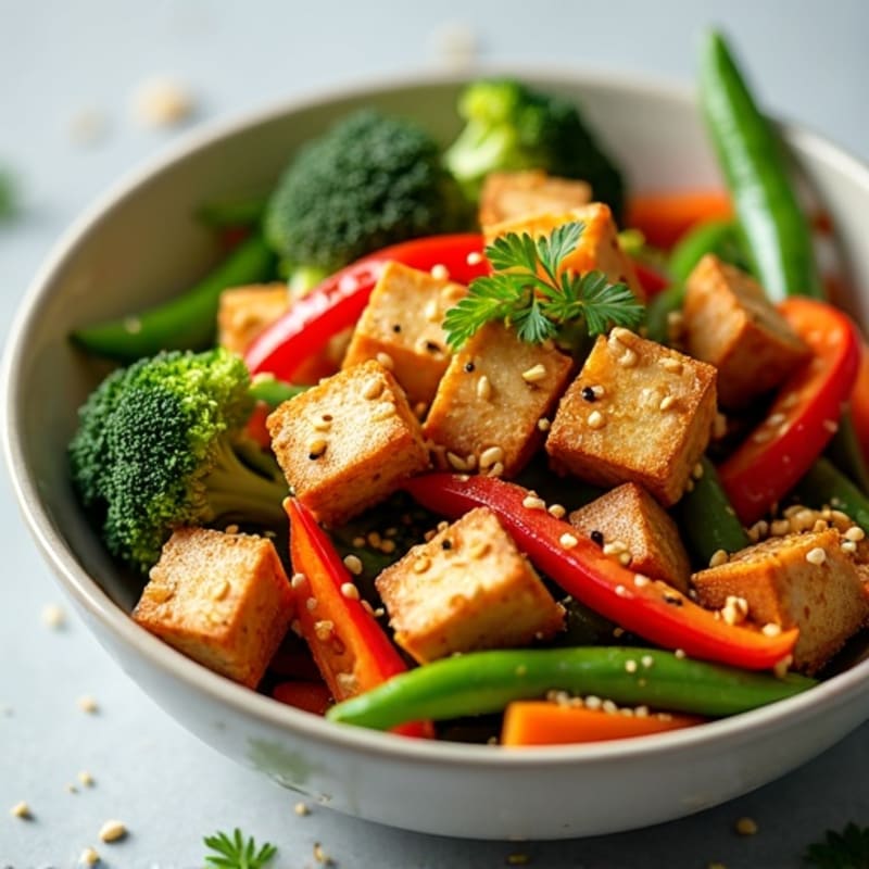 Crispy Sesame Tofu with Fresh Stir-Fried Vegetables