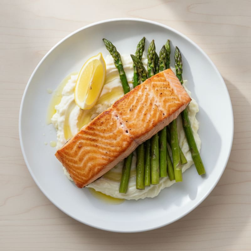 Seared Salmon Fillet with Roasted Asparagus and Cauliflower Mash