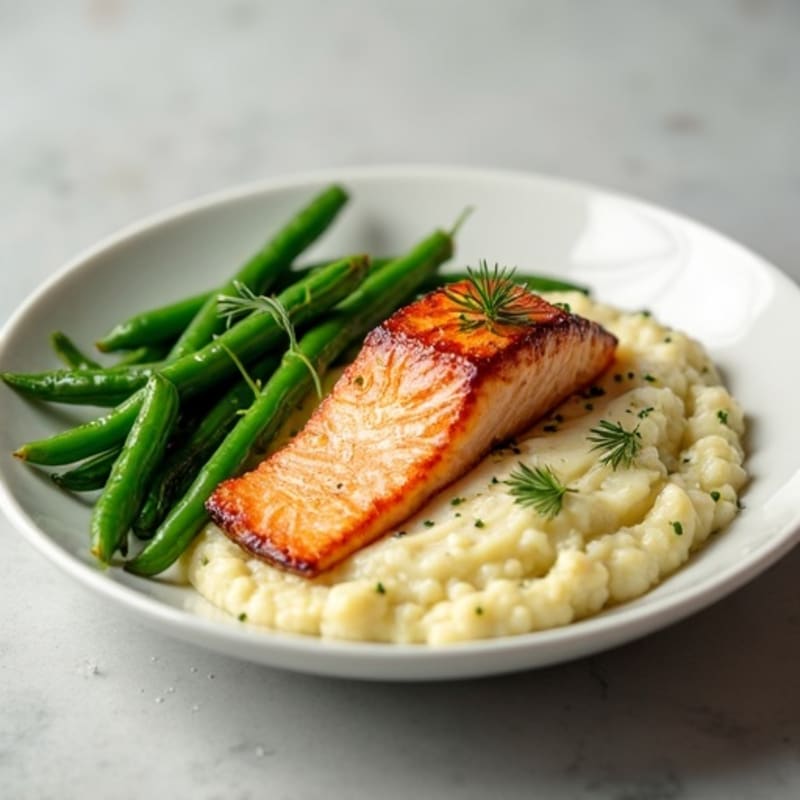 Seared Salmon with Steamed Green Beans and Garlic Mashed Cauliflower