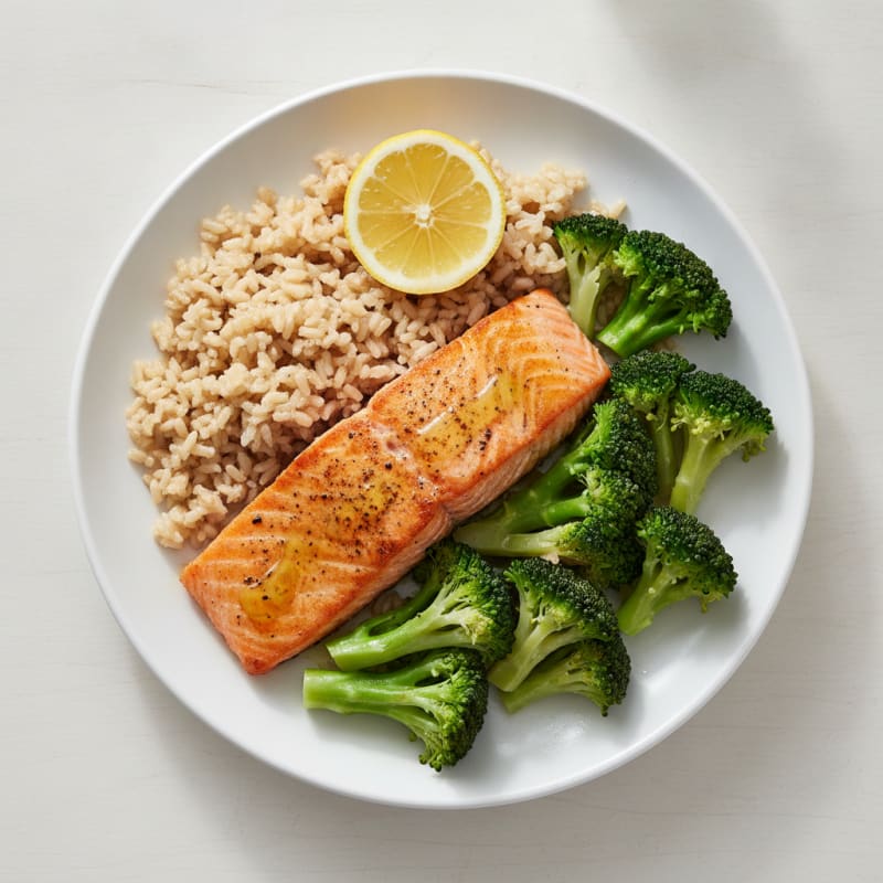 Seared Salmon with Steamed Broccoli and Brown Rice