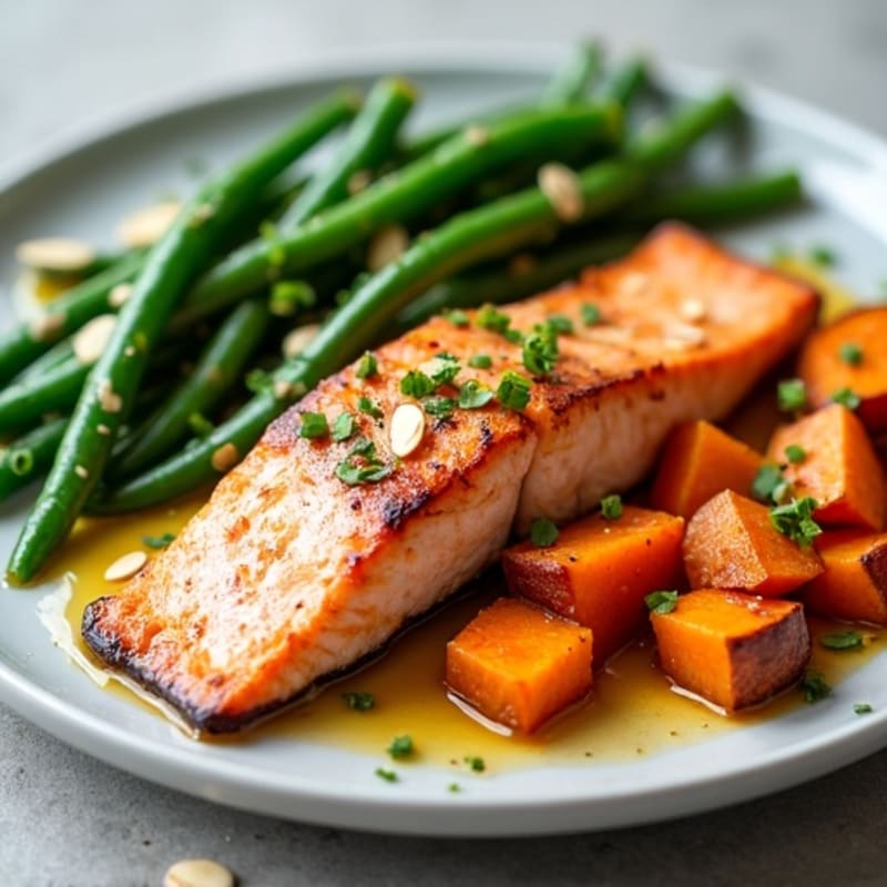 Seared Salmon with Garlic Green Beans and Roasted Sweet Potato