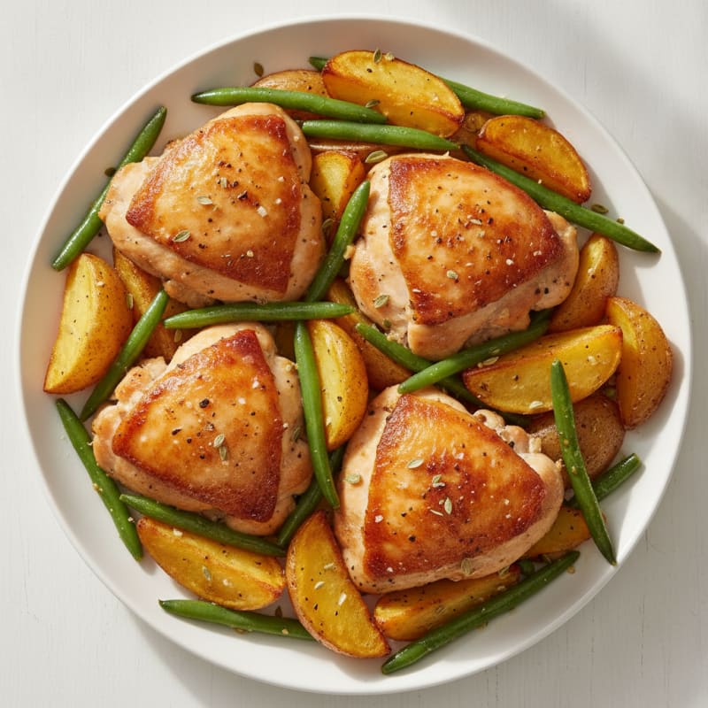 Herb-Roasted Chicken Thighs with Crispy Potatoes and Green Beans