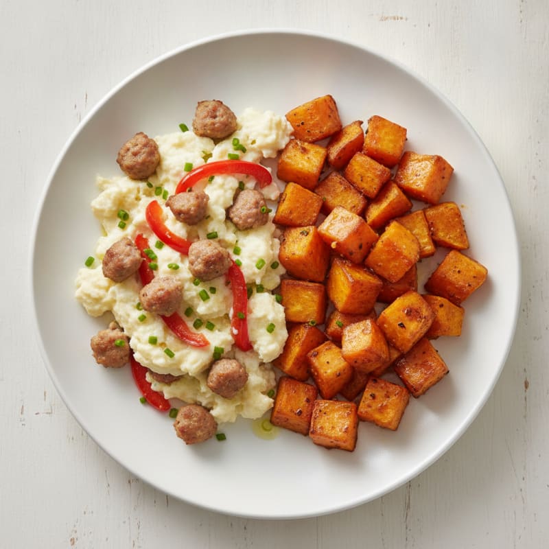 Egg White and Turkey Sausage Scramble with Roasted Sweet Potatoes